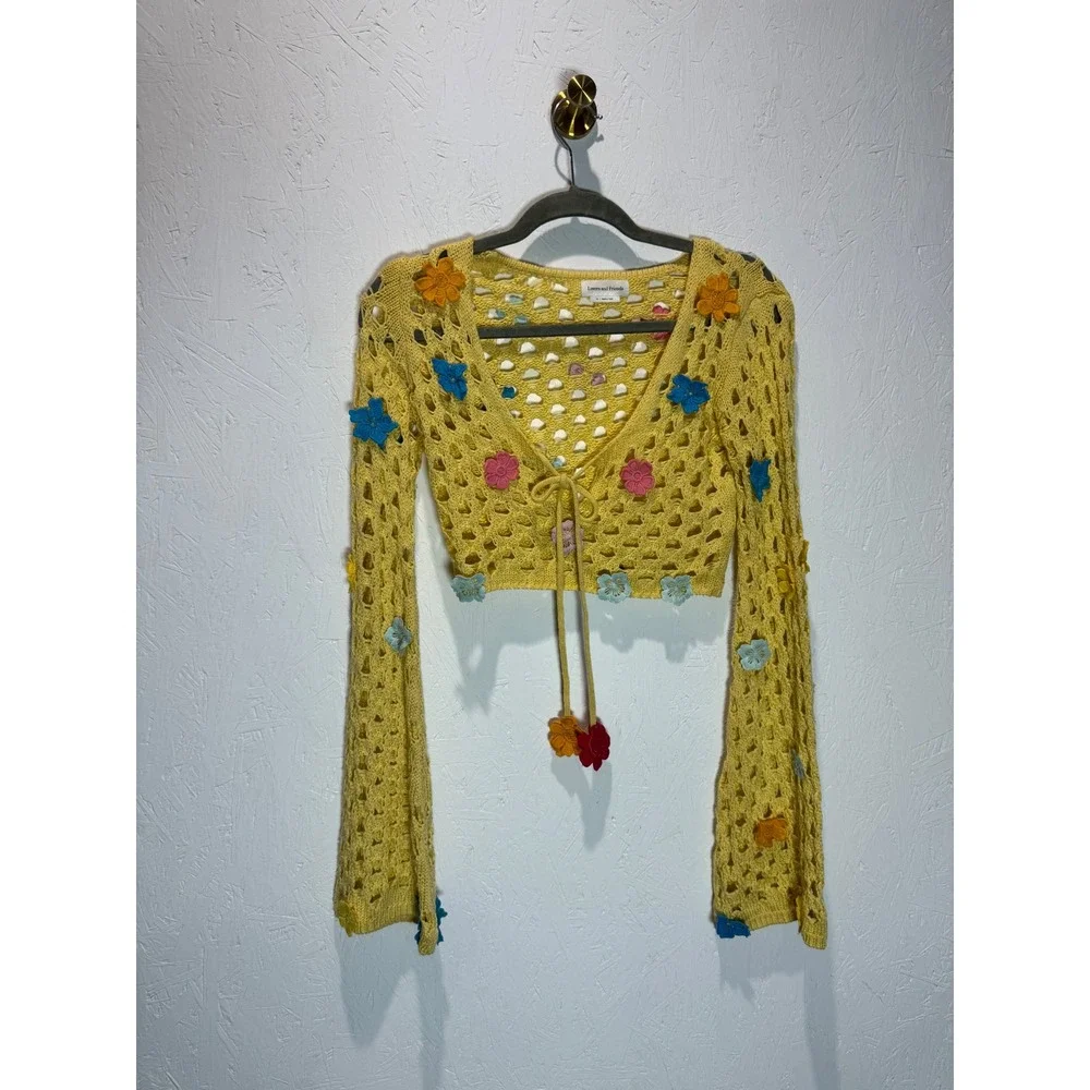 Lovers and Friends Yellow Flower Power Crochet 2 Piece Set Crop Top Skirt XXS